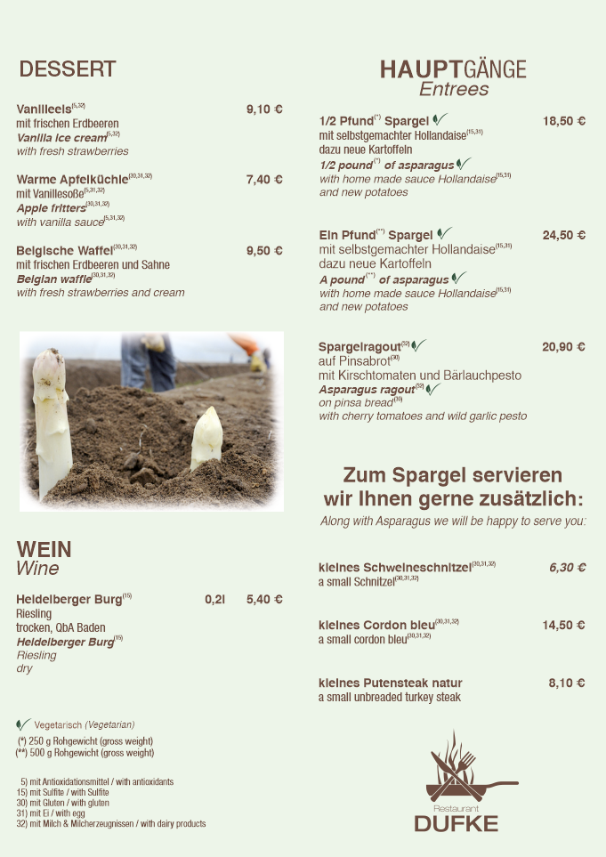 Restaurant DUFKE - Spargelkarte 2026