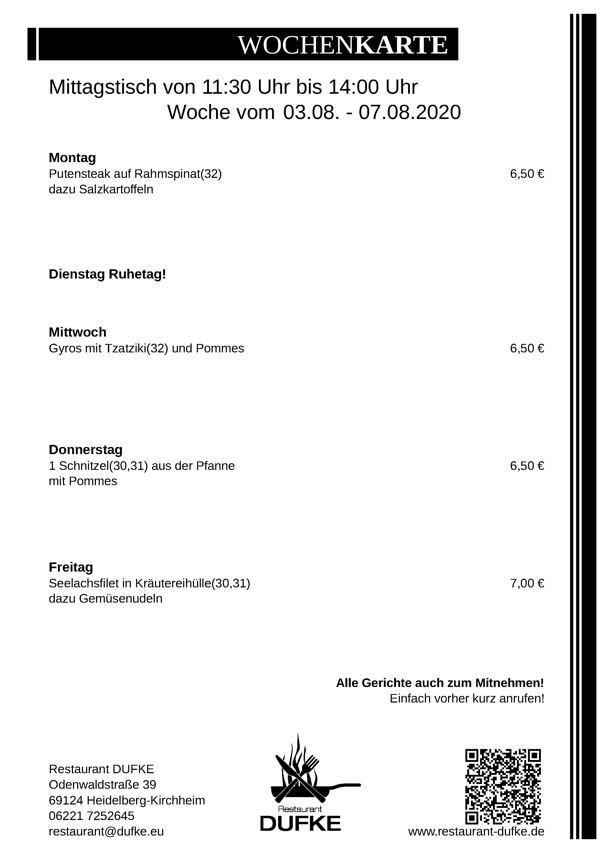Mittagstisch - Restaurant DUFKE 2020 KW32 Mittagstisch - Restaurant DUFKE 2020 KW32