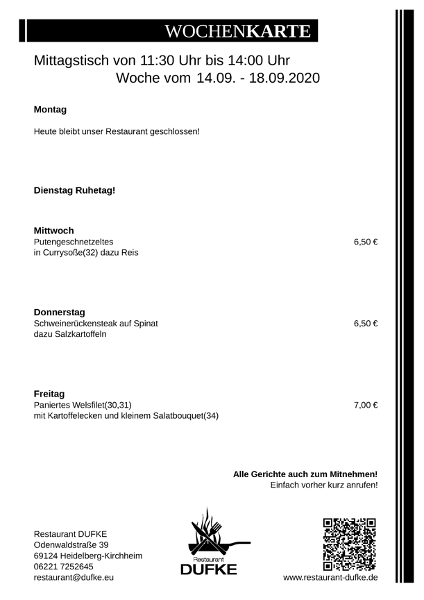 Mittagstisch - Restaurant DUFKE 2020 KW38 Mittagstisch - Restaurant DUFKE 2020 KW38