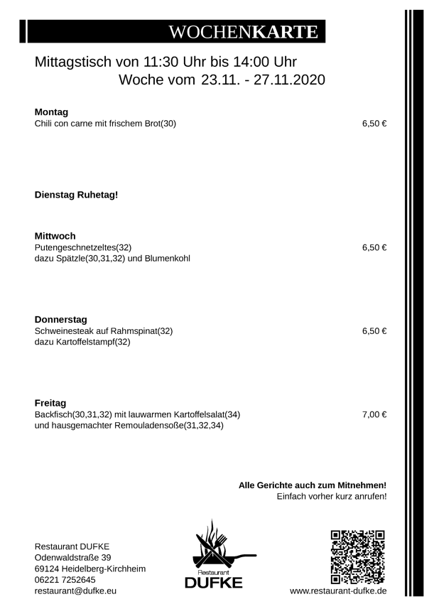 Mittagstisch - Restaurant DUFKE 2020 KW48 Mittagstisch - Restaurant DUFKE 2020 KW48