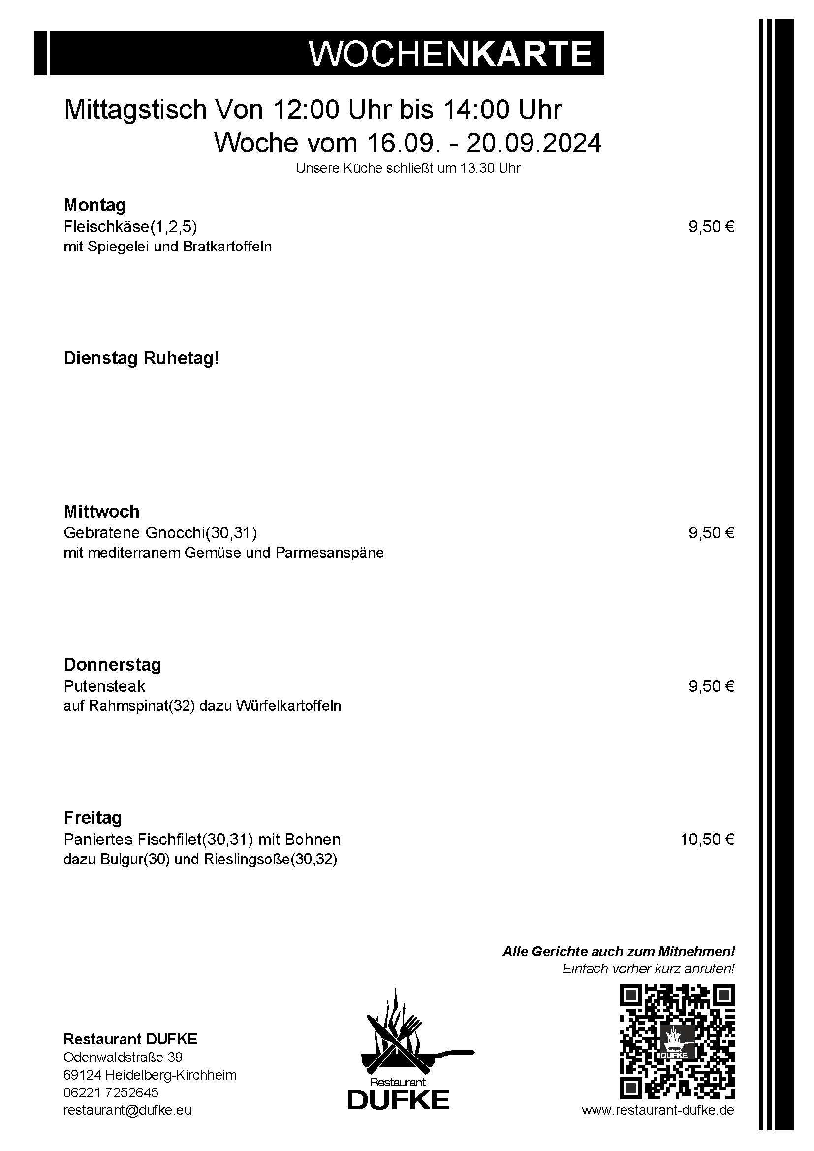 Mittagstisch - Restaurant DUFKE 2024 KW38