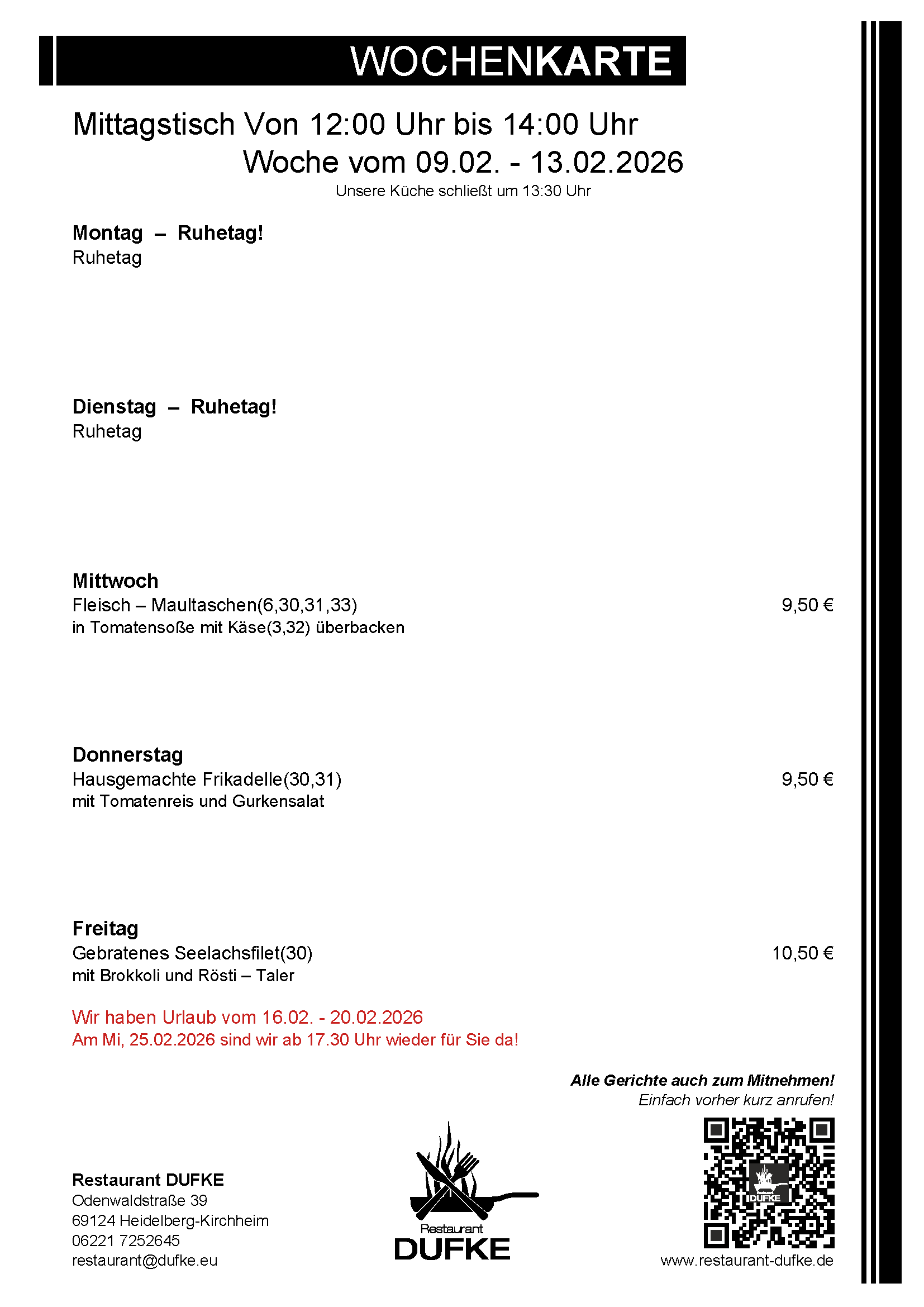 Mittagstisch - Restaurant DUFKE 2026 KW07