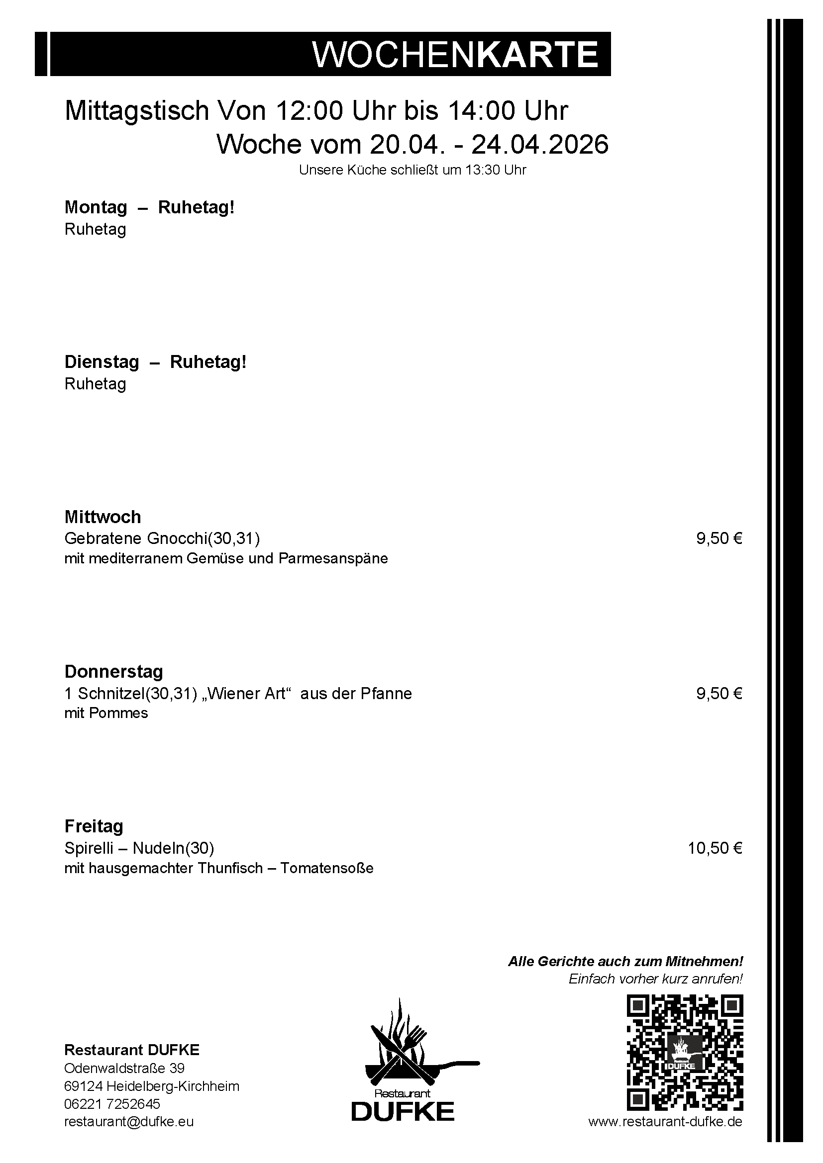 Mittagstisch - Restaurant DUFKE 2026 KW17